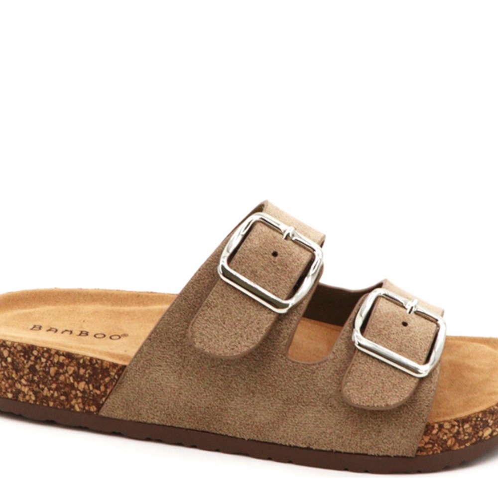 BAMBOO Brown Suede Slides with Silver Buckles